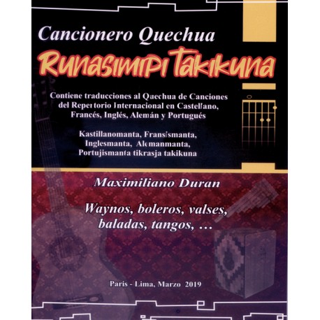 Cancionero Quechua: Runasimpi Takikuna - Maximiliano Duran Ed. Vidalon